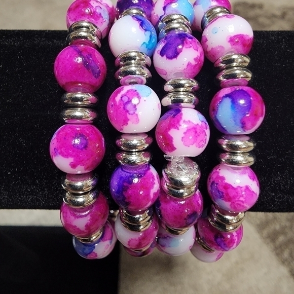 handmade Stretch Bracelet with Pink, Blue, Purple and White Set of 4 pc - Picture 7 of 8